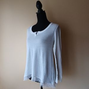 Cabi White Long Sleeve Shirt Size XS Micro Waffle Knit Sheer Fringed Hemline
